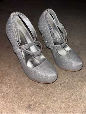 Silver Glitter Mary Jane Heels with Rhinestone Double Straps